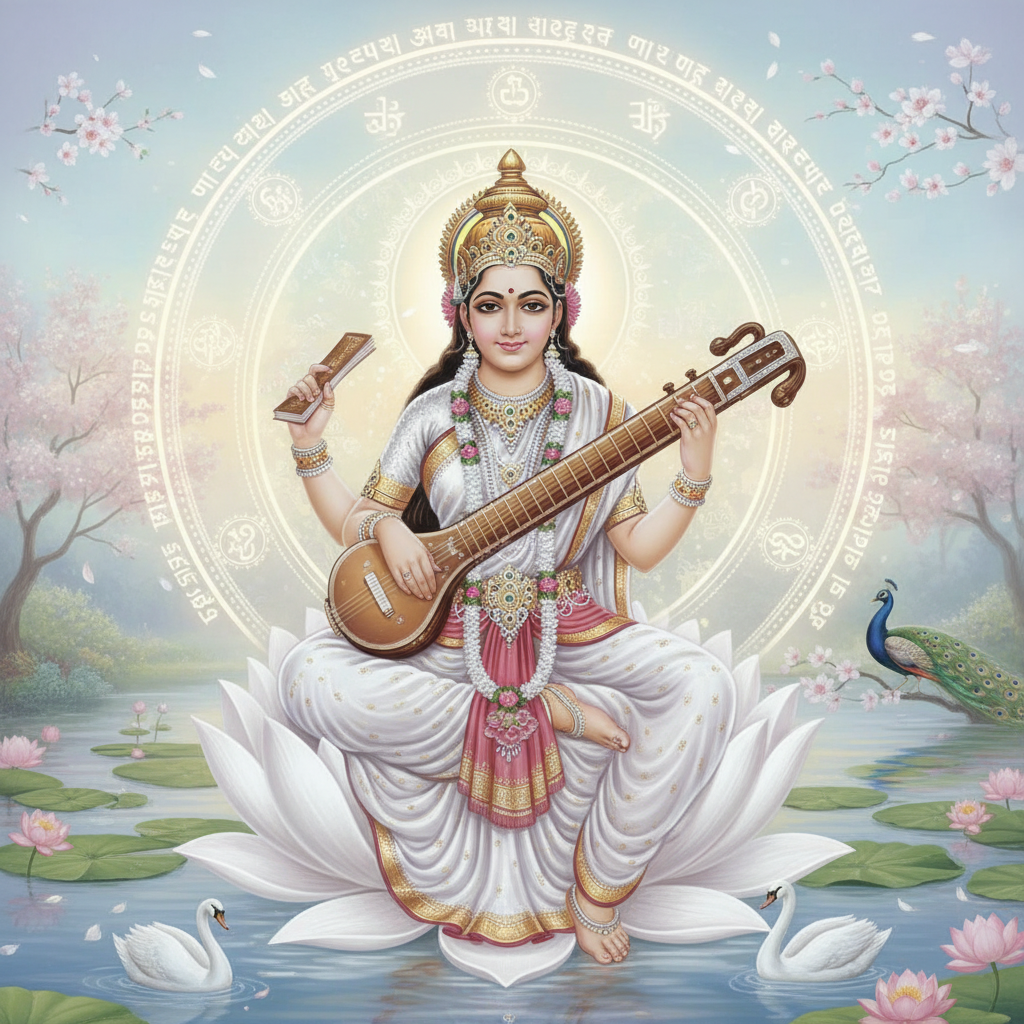 यह लेख माँ सरस्वती के 108 पावन नामों के महत्व, उनके पाठ की विधि और उनसे प्राप्त होने वाले अदभुत लाभों की सम्पूर्ण जानकारी प्रदान करता है, विशेषकर वसंत पंचमी पर उनके स्मरण के महत्व को उजागर करता है।