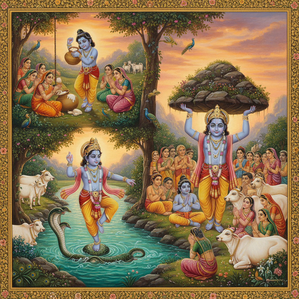 भगवान श्रीकृष्ण की बाल लीलाओं का आध्यात्मिक रहस्य और उनका हमारे जीवन पर पड़ने वाला गहरा प्रभाव। जानें उनकी अनमोल कहानियाँ और उनसे मिलने वाले जीवन पाठ, जो हमें भक्ति और धर्म का मार्ग दिखाते हैं।